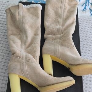 Gucci Beige Suede Calf Heeled Boots with Platform
